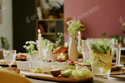 Preview: Fresh Fruits and Jar of Lemonade on Table