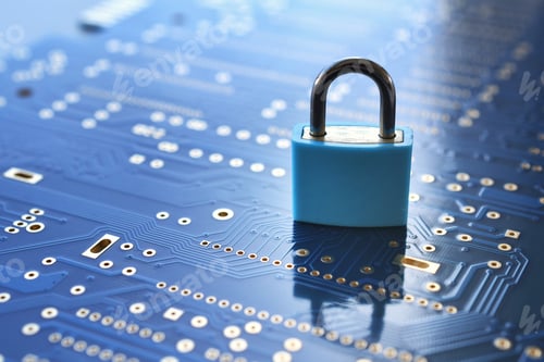 Preview: Cyber security concept blue background - padlock on blue computer motherboard circuit board