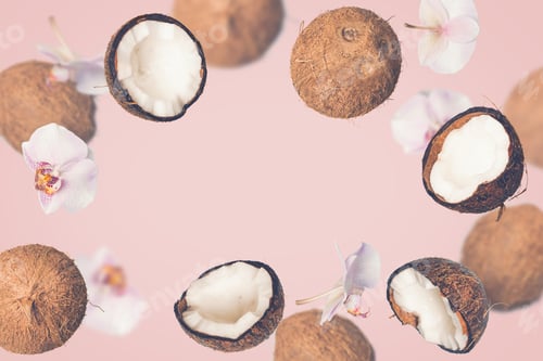 Preview: Pink tropical summer background with falling coconuts