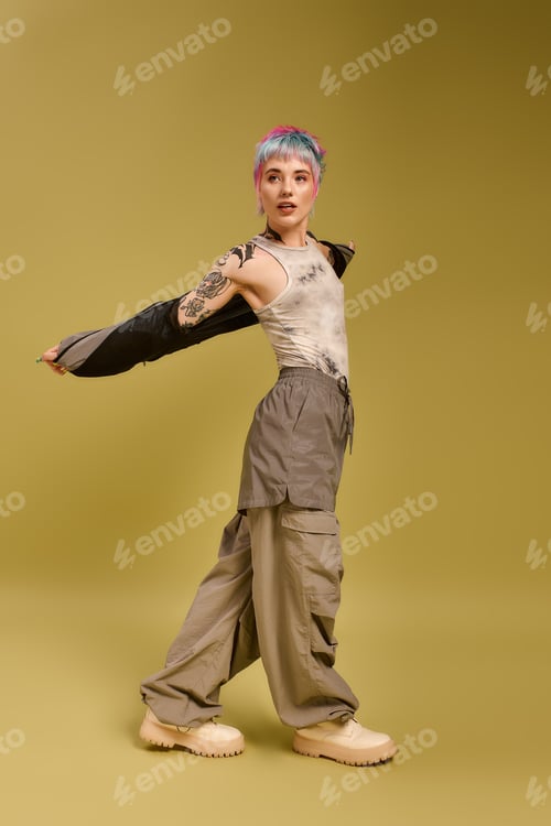 Preview: Young woman with colorful hair expresses fashion and individuality in studio setting