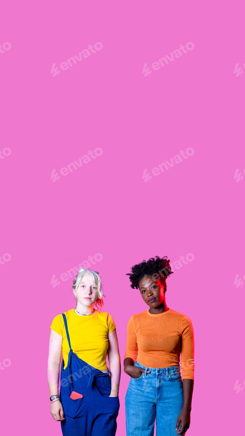 Preview: Two diverse women friends posing isolated advertising copy space background