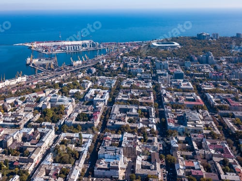 Preview: Beautiful panoramic view of the sea and part of the city of Odessa on a summer day. Aerial view from