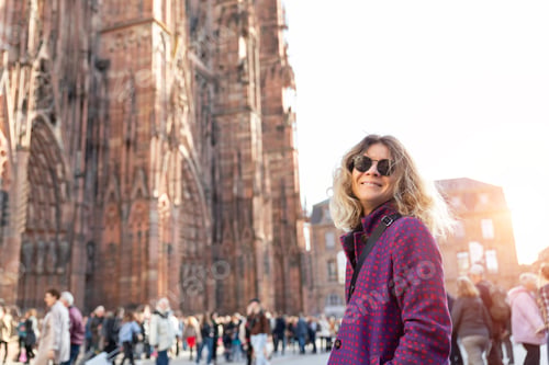 Preview: Portrait young beautiful happy smiling woman wear wool tweed coat enjoy walking Ill river embankment