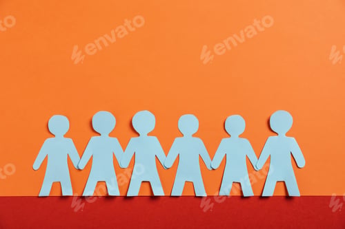 Preview: Human paper figures holding hands on color background, flat lay. Space for text