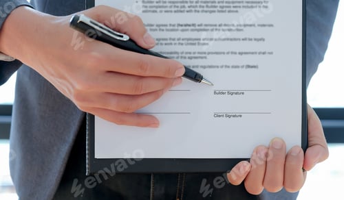 Preview: Contractor pointed the pen at the builder to sign the contract to build the house.