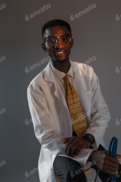 Preview: Handsome Guy Doctor In White Lab Coat With Stethoscope On White Background