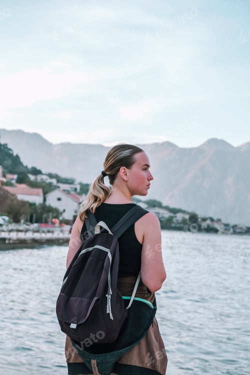 Preview: Travel.Hiking,Eco travel,woman tourist solo traveling,digital nomad,bleisure,work travel,nomad aesth