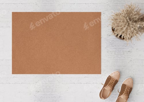 Preview: Blank brown door mat on the floor at home. Welcome mat with copy space for your text. Doormat mock u