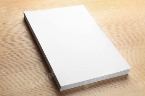 Preview: Stack of blank paper sheets for brochure on wooden background. Mock up