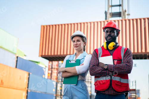 Preview: foreman checking containers in the terminal, at import and export business logistic company.