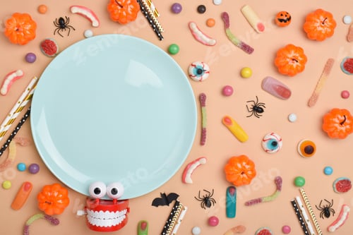Preview: A blue plate on the background of various sweets on an orange background with a place for text.