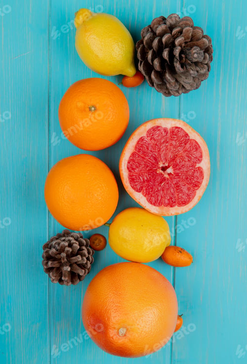 Preview: top view of citrus fruits as grapefruit lemon orange tangerine and kumquat