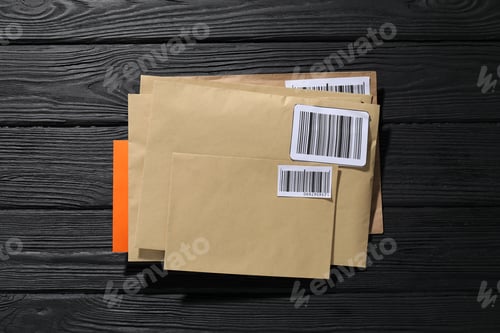 Preview: Different paper envelopes on black wooden table, top view. Post office