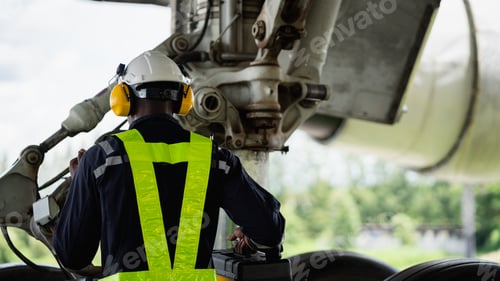 Preview: Engineer inspecting airplane engine with safety tools.