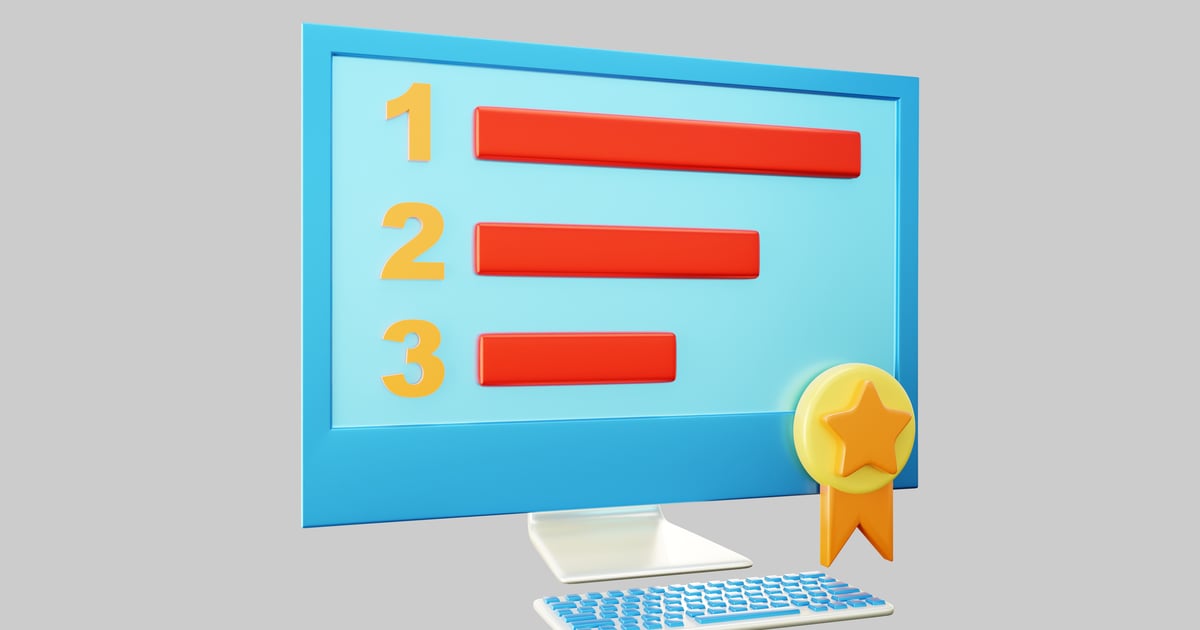 Ranking list computer setup design 3D, Incl. award & computer - Envato