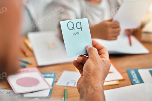 Preview: Learning, cards and grandparents with children and letter lesson for language, study and alphabet.