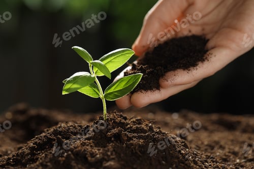 Preview: Woman putting soil under young plant outdoors, closeup