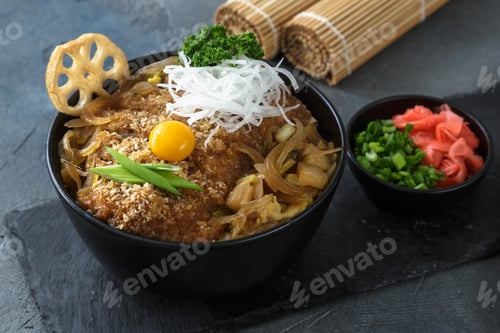 Preview: Rice bowl topped with fried pork cutlet Katsudon, tonkatsu donburi, japanese cuisine