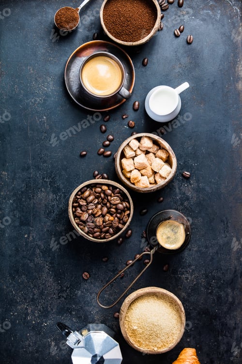 Preview: Coffee composition on dark background. Flat lay