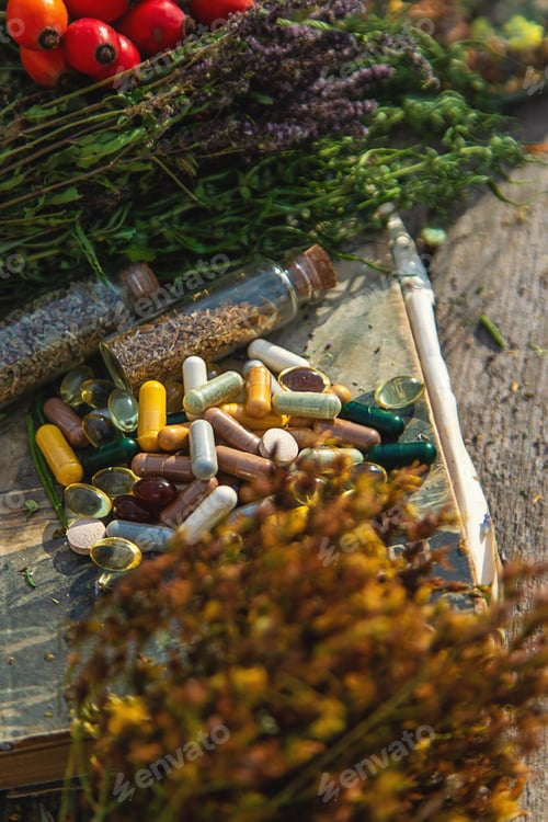 Preview: medicinal herbs and supplements. Selective focus.