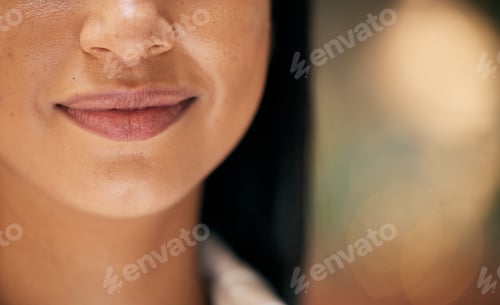 Preview: Woman, mouth and macro of face, lips and skin for beauty, cosmetics and makeup mockup while indoor