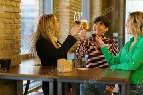 Preview: Glad girlfriends clinking glasses near bar window