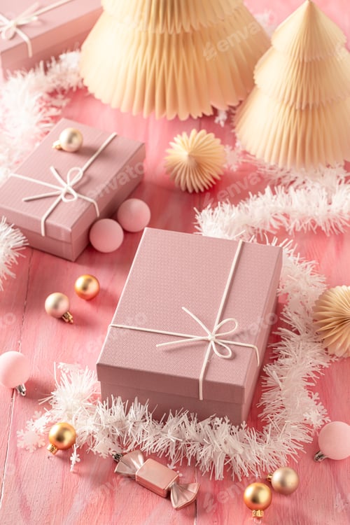 Preview: Beautiful Christmas gift box surrounded by pink baubles and decorations.