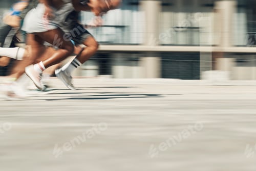Preview: Sports race, running and sprint competition of fast athlete people or runners on concrete city road