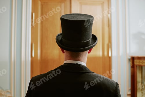 Preview: Caucasian Young Adult Man Wearing Top Hat Standing Indoors Facing Door