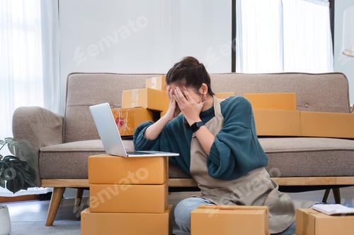 Preview: Young female small business entrepreneur dealing with online sales is stressed using her laptop to