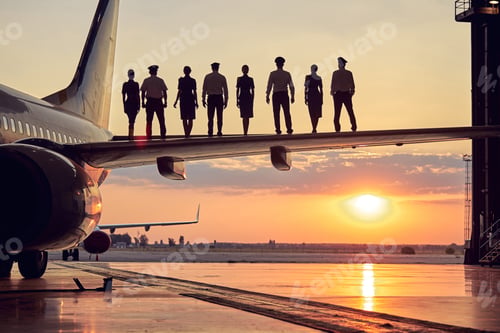 Preview: View of people looking to the beautiful sunset in the aviation hangar