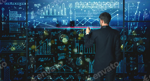 Preview: Businessman Drawing Business Statistics On Glass Wall