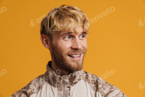 Preview: European military man wearing uniform smiling and looking aside