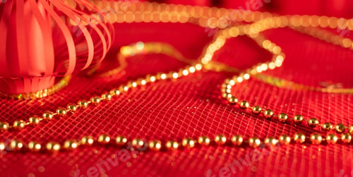 Preview: Red defocused abstract background with Red Chinese paper lantern close up with selective focus