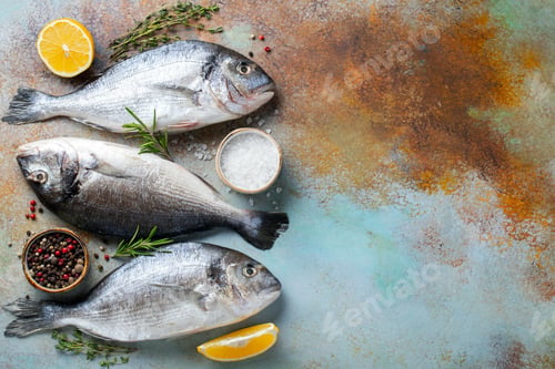 Preview: Three fresh raw Dorado fish with spices and olive oil on a blue rusty table. Top view with copy.