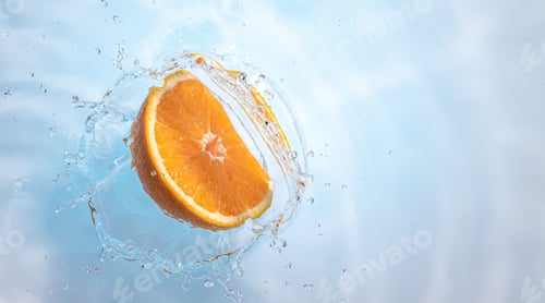 Preview: Fresh ripe half of orange fruit splashing into clear water