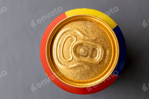 Preview: A beer can with striking colors and small drops of water is seen, seen from above