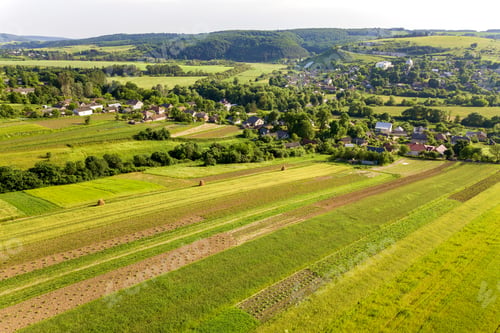 Preview: Aerial view of a small village win many houses and green agricultural fields