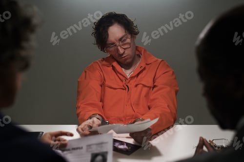 Preview: Reviewing Documents in Orange Prison Uniform During Interview