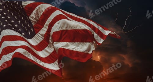 Preview: American flag waving in the wind Thunderstorm with lightning Multiple forks of lightning pierce the