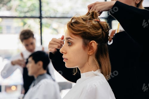 Preview: Young woman in parlour getting hairstyling