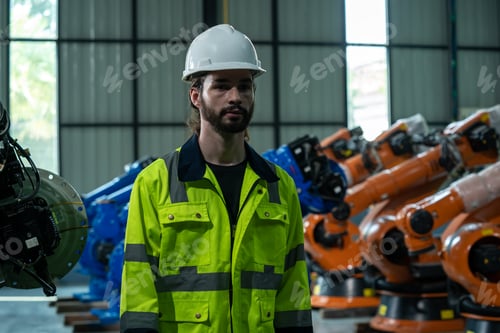 Preview: Electronics engineer works with robot checking voltage and program response time.
