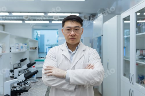 Preview: Portrait of serious confident scientist laboratory assistant, Asian man with crossed arms