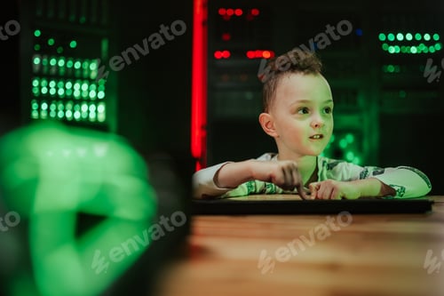 Preview: Child exploring futuristic technology in a dark server room