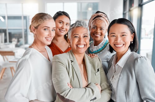 Preview: Diversity, portrait selfie and business women teamwork, global success or group empowerment in offi