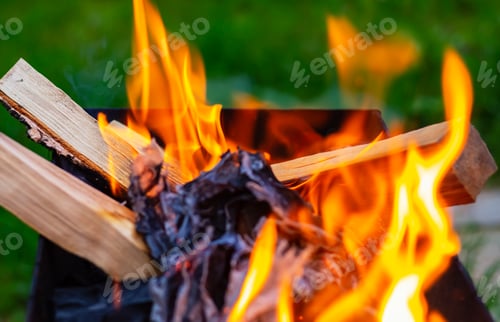 Preview: Firewood burning on grill,close-up, shallow DOF.Tongues of orange fire from burning wood sticks.