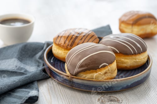 Preview: Donut or bun made from sweet yeast dough stuffed with chocolate or cream with icing.