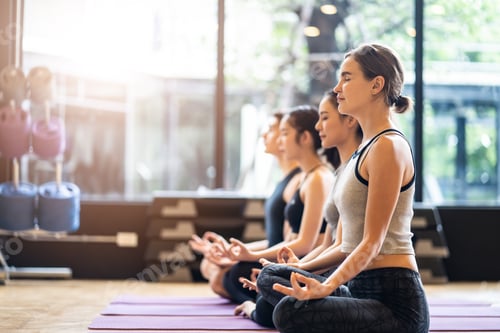 Preview: Group of Multi ethics people learning Yoga class in fitness club.