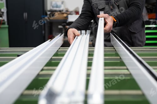 Preview: Carpenter working with aluminum profiles in workshop