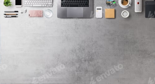 Preview: Flat lay top view office desk working space with laptop and supplies on gray background. Copy space.
